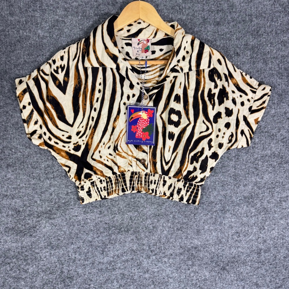 Truly 4 You Myth Clothing Animal Print Crop Top Women S Tan Black Rayon Flax NWT